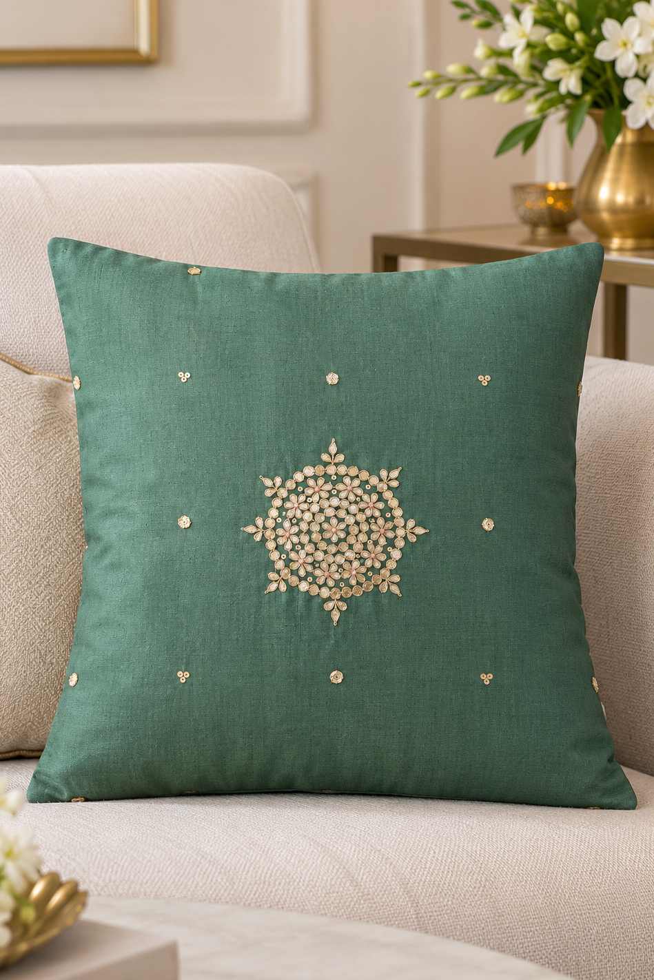Noor Mahal Raw Mango Handcrafted Gota Patti Cushion Cover