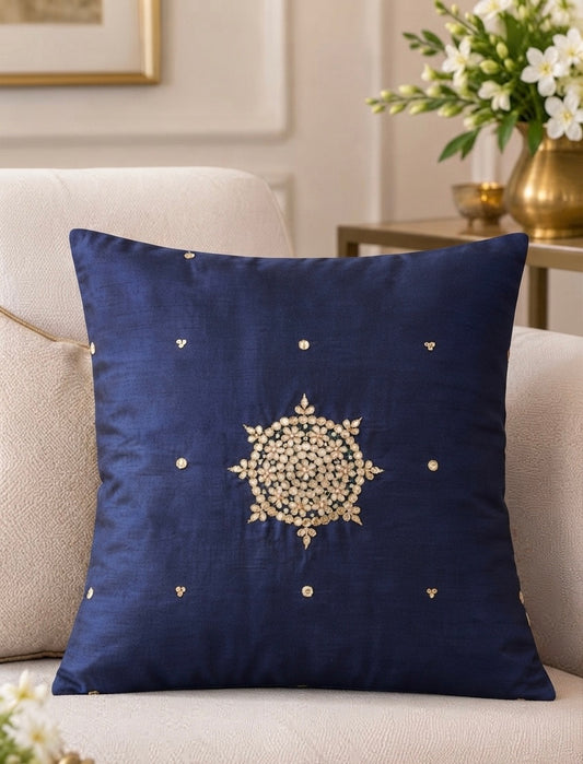 Noor Mahal Deep Sapphire Handcrafted Gota Patti Cushion Cover